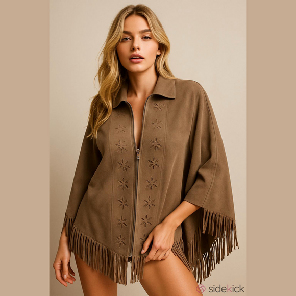 Genuine Leather Brown Suede Fringed Floral Cutout Poncho Western Boho Festival - Picture 1 of 12